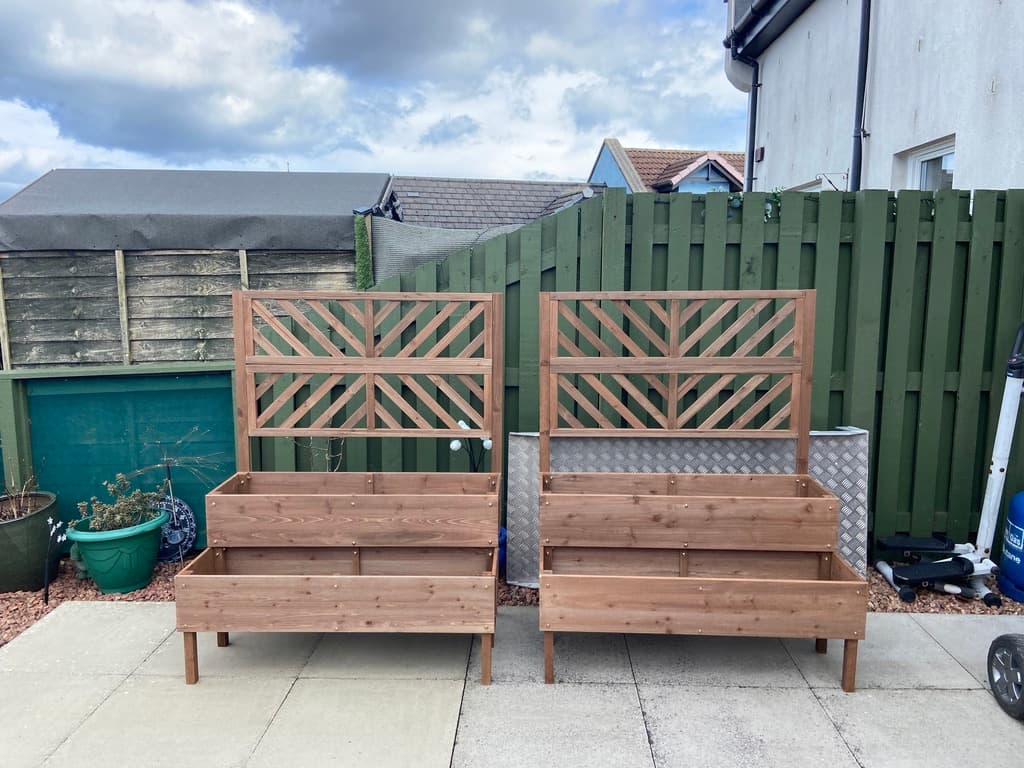 Bespoke wooden raised planters with diagonal lattice trellis in St Andrews